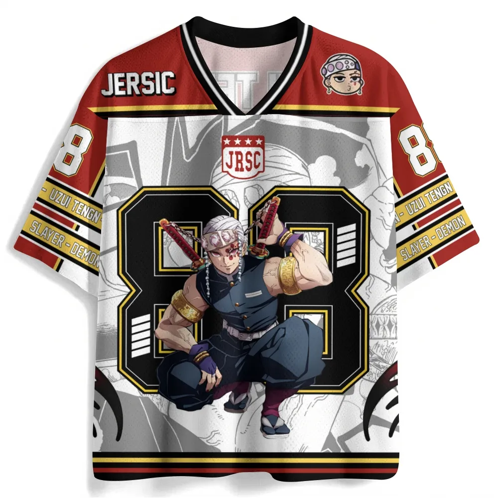 Demon Slayer Tengen Uzui Football Jersey, Sound Hashira Number 88 Anime V-Neck Jersey Shirt, Red White Black Gold Striped Sports Tee