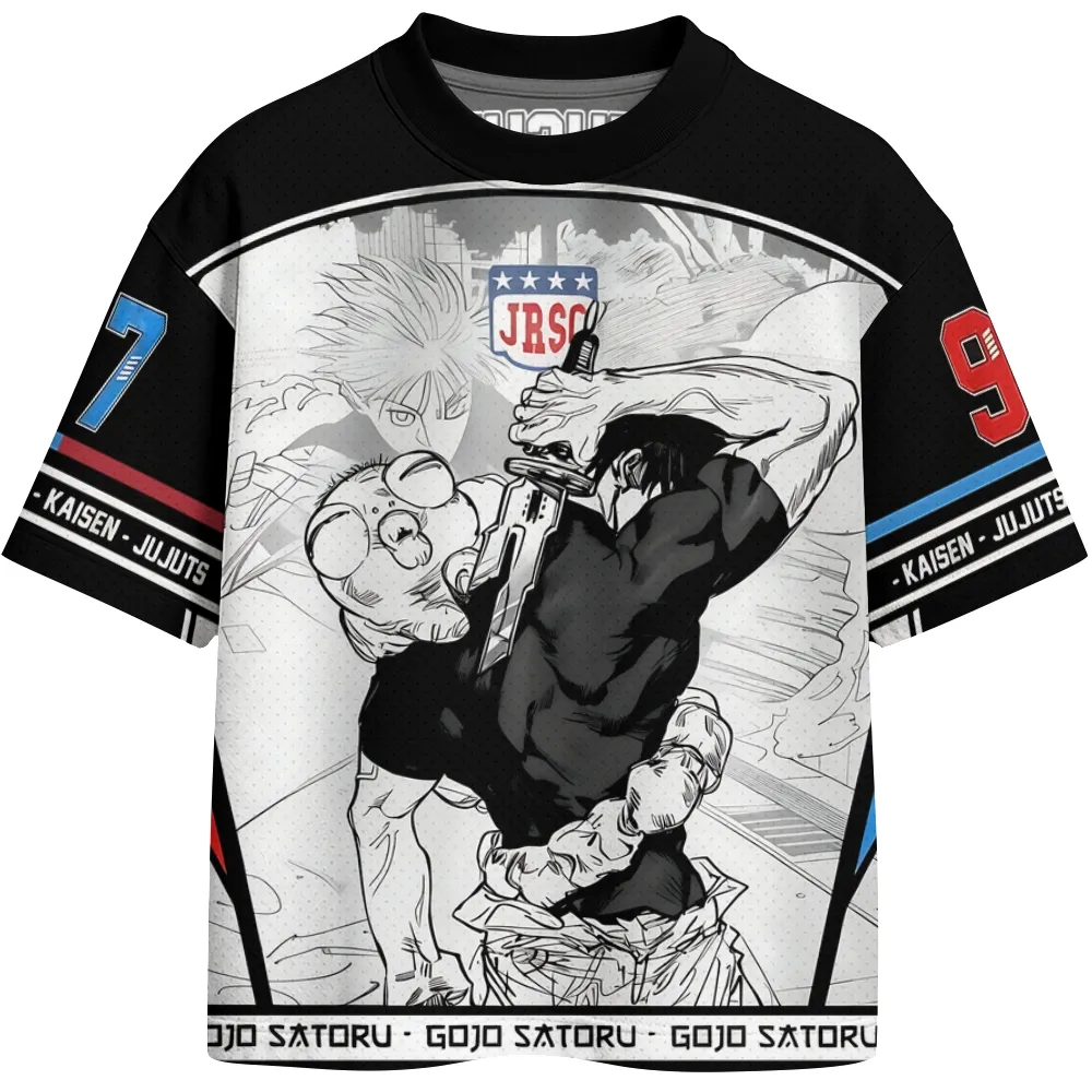 Jujutsu Kaisen Toji Fushiguro vs Satoru Gojo Football Jersey, Number 97 Manga Panel Anime Crew Neck Jersey Shirt, Black White Red and Blue Tee