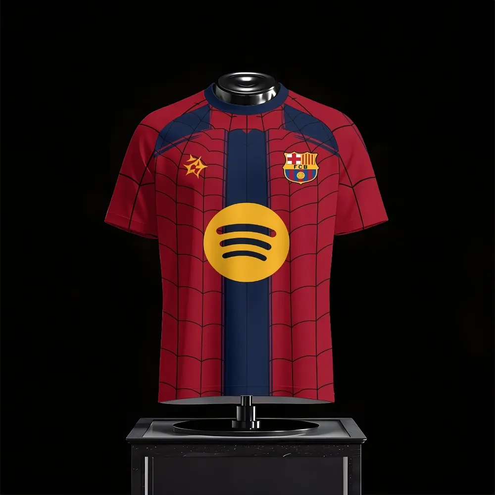 Spider-Man FC Barcelona Crossover Football Jersey, Web Pattern Gold Emblem Superhero Crew Neck Jersey Shirt, Red Navy Soccer Kit Style Tee