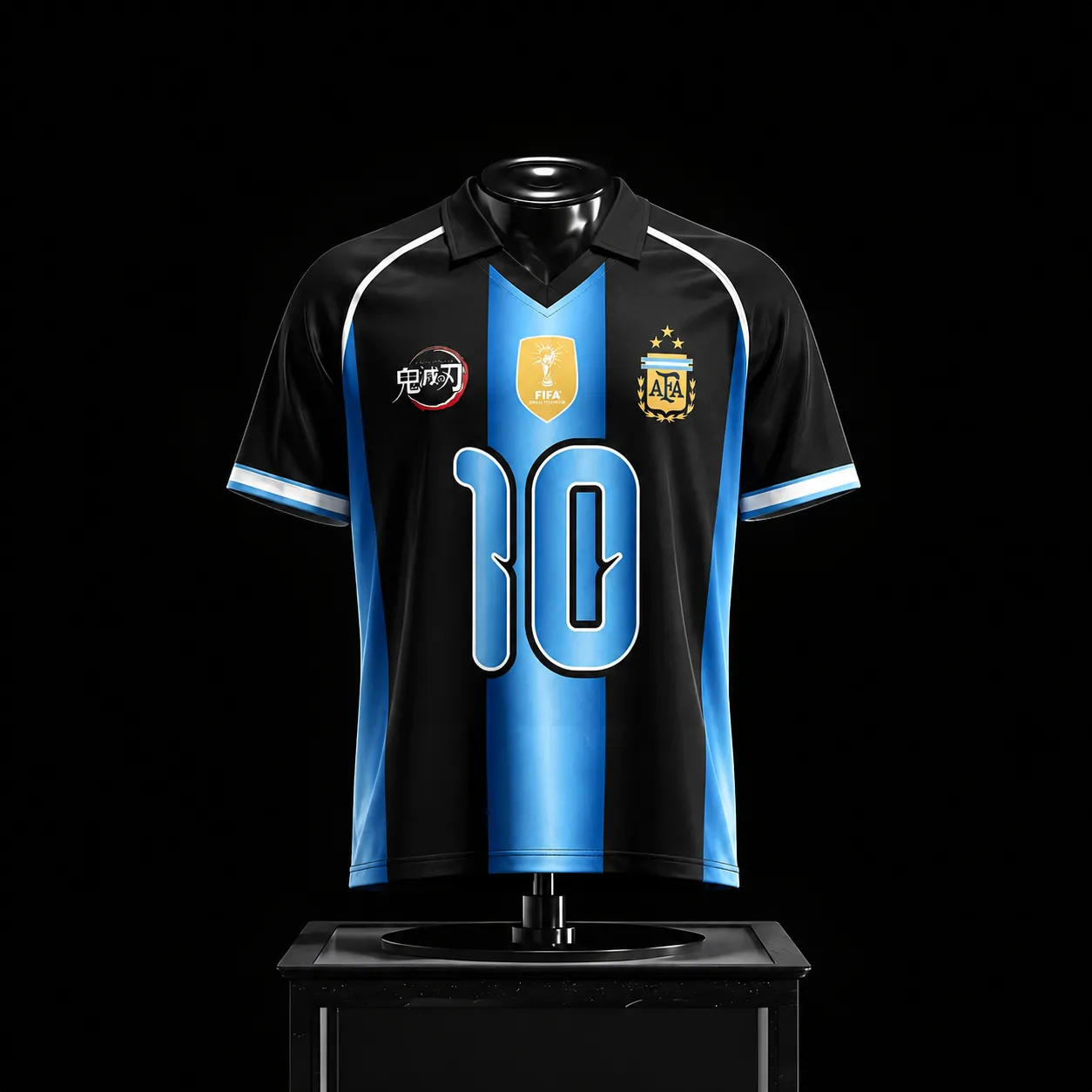 Demon Slayer Tanjiro Kamado Football Jersey, Argentina Style Number 10 Marasini Collared Soccer Jersey Shirt, Black Sky Blue Anime Tee
