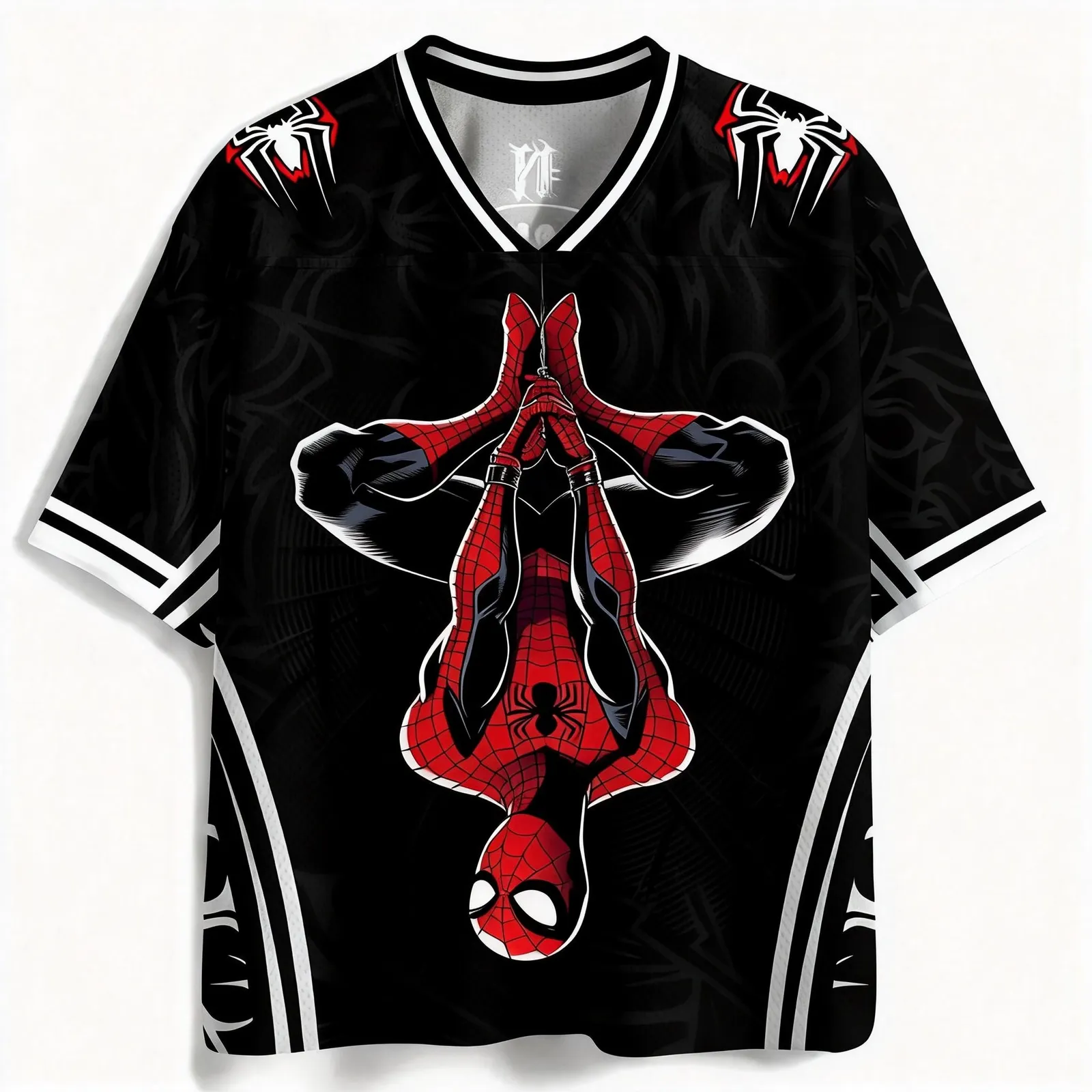 Spider-Man Upside Down Hanging Football Jersey, Red Arachnid Emblem Superhero V-Neck Jersey Shirt, Black and White Sports Tee for Marvel Fans