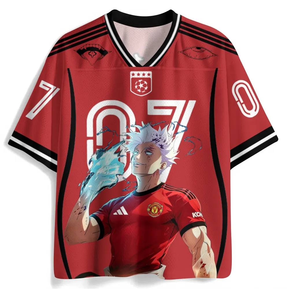 Jujutsu Kaisen Satoru Gojo Football Jersey, Red Soccer Style Anime V-Neck Jersey Shirt with Number 07, Chibi Sorcerer Kit Tee for Fans