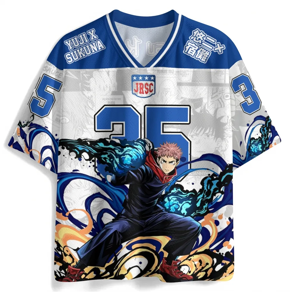 Jujutsu Kaisen Yuji Itadori x Sukuna Football Jersey, Number 35 Blue and White Anime V-Neck Jersey Shirt, Divergent Fist Cursed Energy Sports Tee