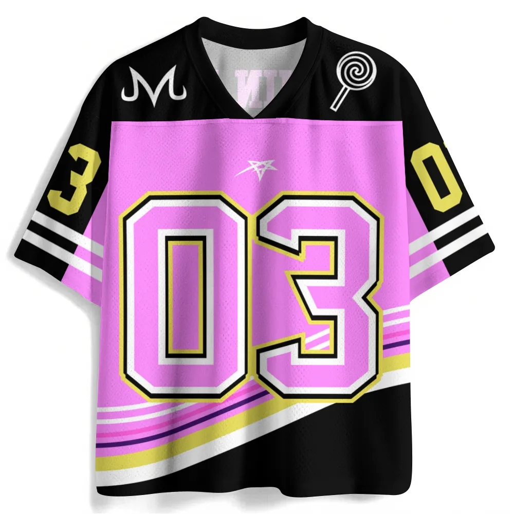 Dragon Ball Z Majin Buu Football Jersey, Number 03 Pink and Black Anime V-Neck Jersey Shirt, M Emblem and Lollipop Candy Sports Tee