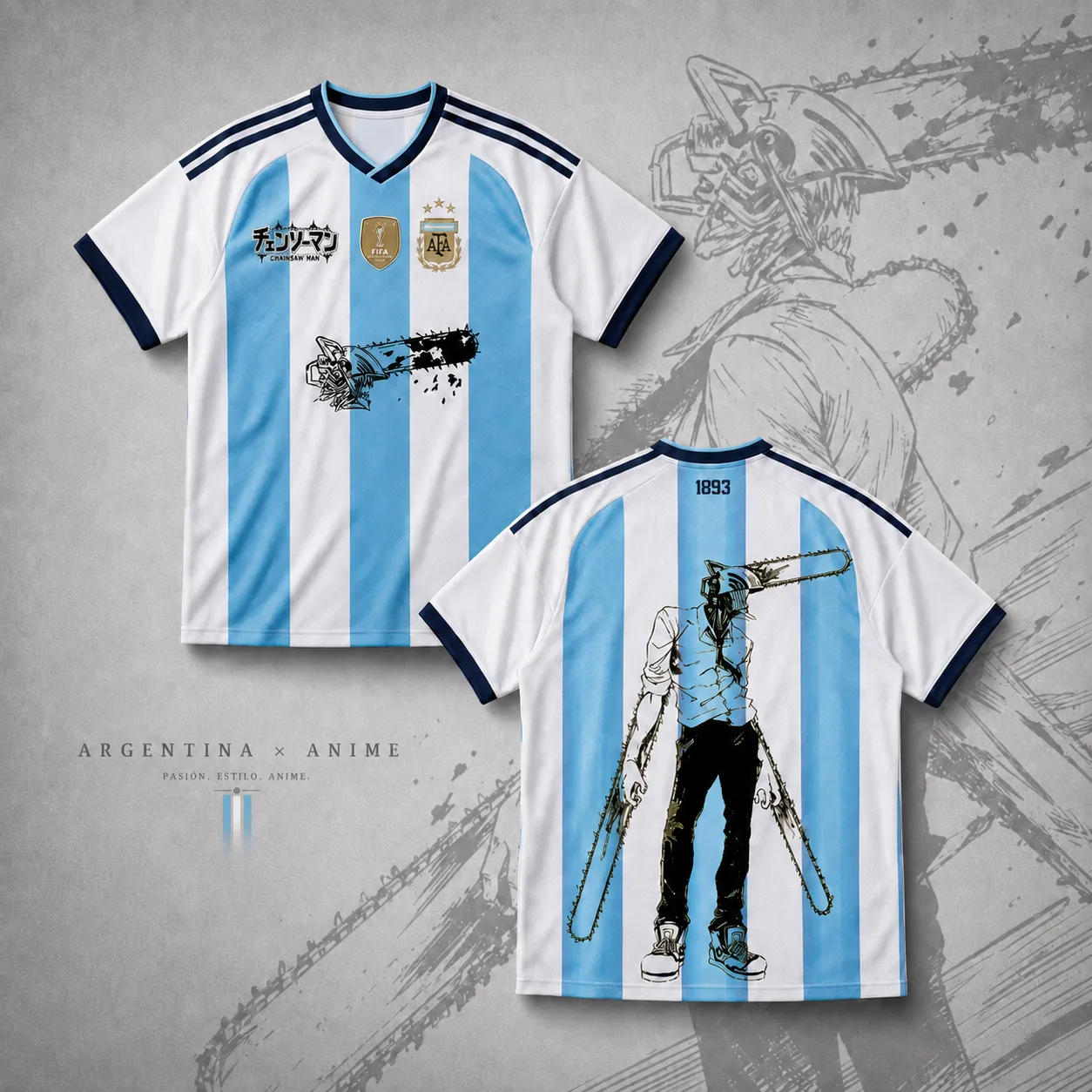 Chainsaw Man Denji Argentina Football Jersey, Sky Blue and White Striped V-Neck Anime Soccer Jersey Shirt, Devil Hunter Back Print Sports Tee