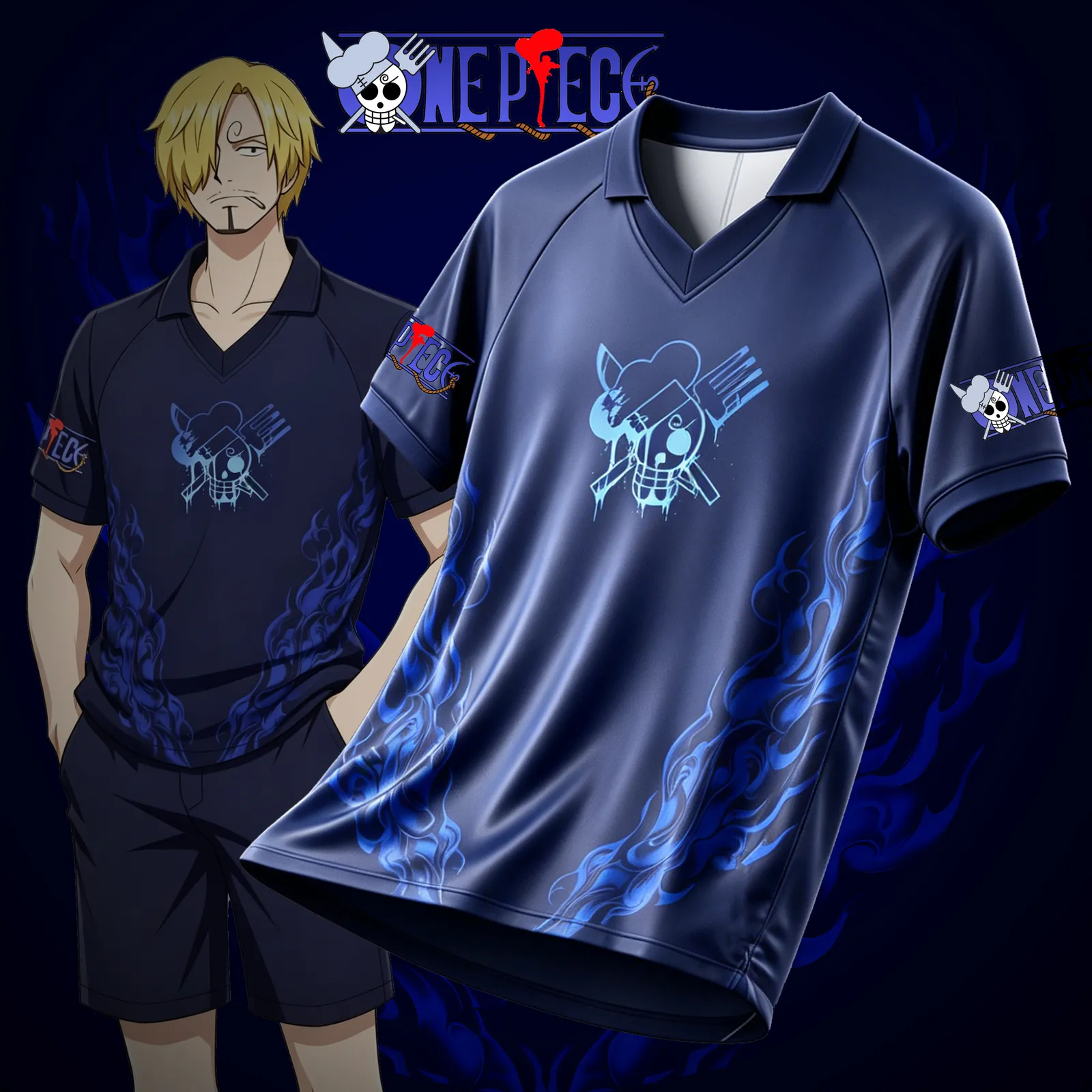 One Piece Vinsmoke Sanji Football Jersey, Navy Blue Flame Retro Collared Soccer Shirt, Black Leg Chef Jolly Roger Anime Fan Kit Tee