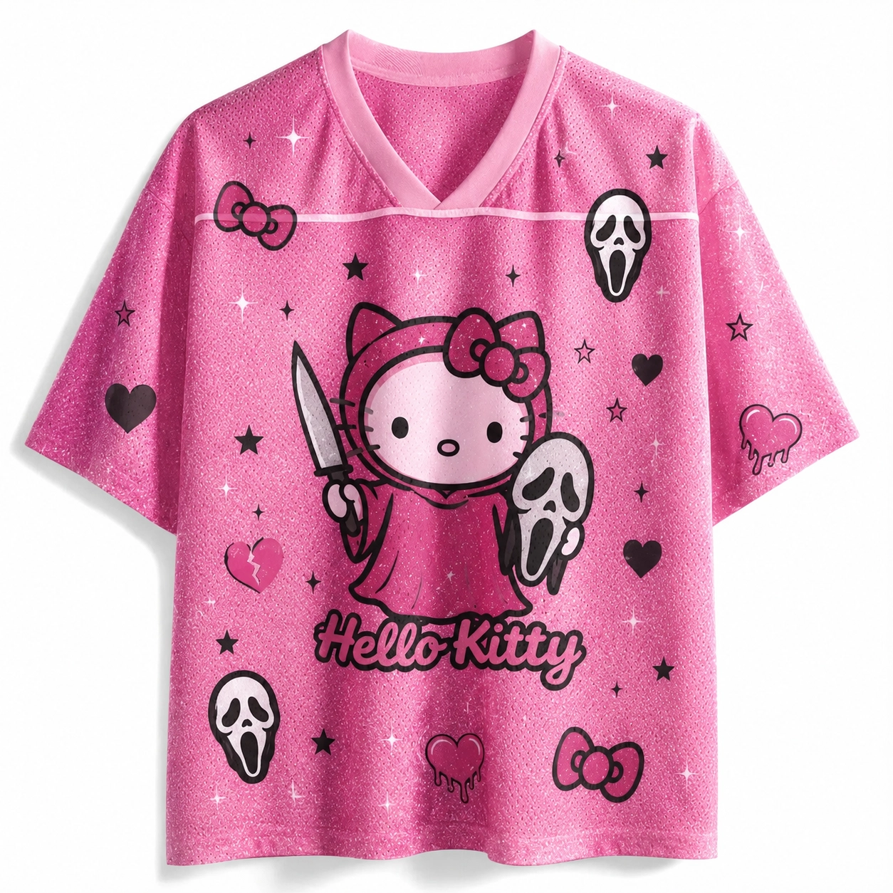 Hello Kitty Ghostface Football Jersey, Sanrio Spooky Halloween Horror V-Neck Jersey Shirt, Hot Pink Glitter Hearts Sports Tee for Fans