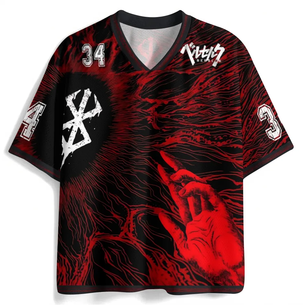 Berserk Guts Football Jersey, Brand of Sacrifice and Hand of God Number 34 Black and Blood Red Anime V-Neck Jersey Shirt, Eclipse Manga Tee