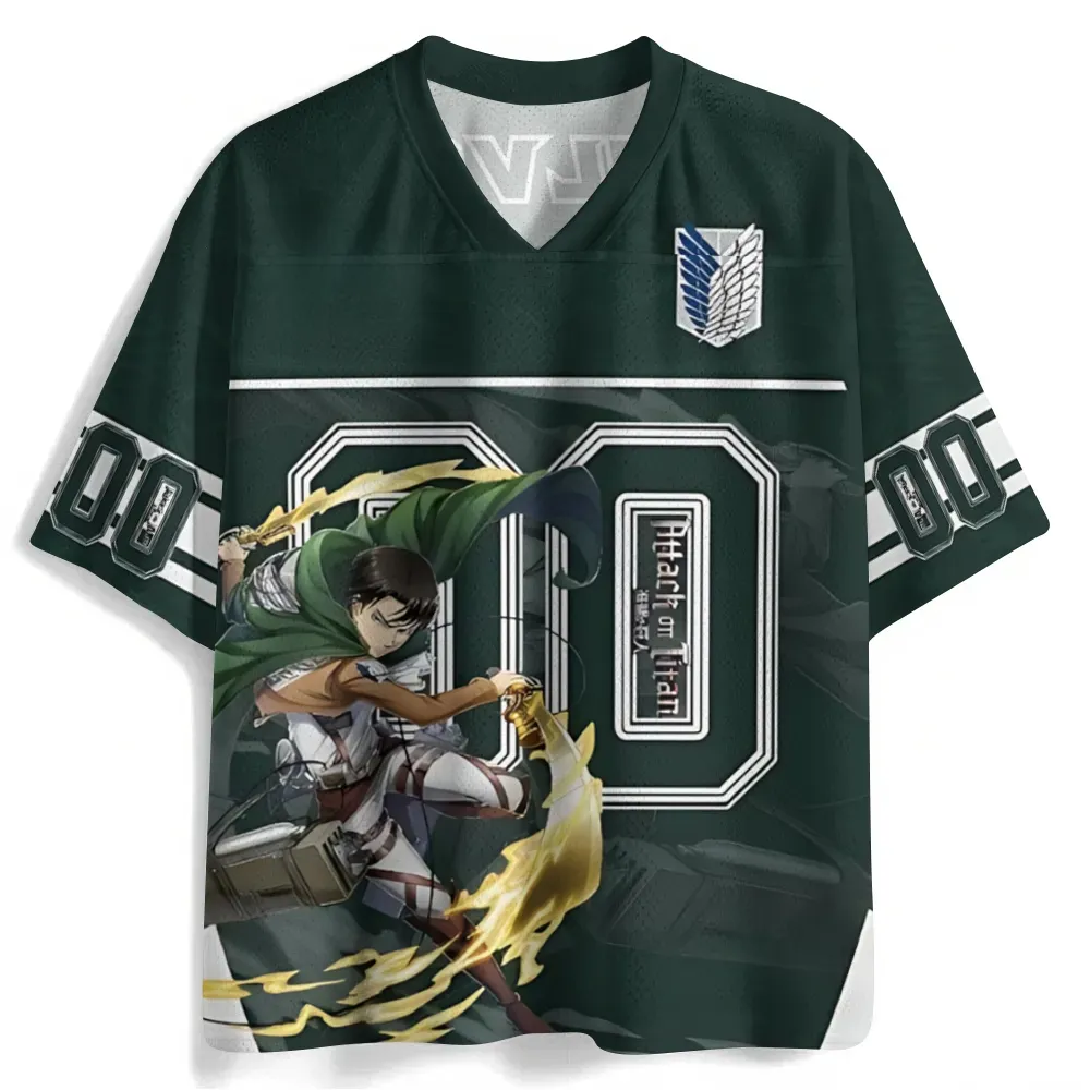 Attack on Titan Levi Ackerman Football Jersey, Survey Corps Wings of Freedom 00 Anime V-Neck Jersey Shirt, Dark Green Sports Tee