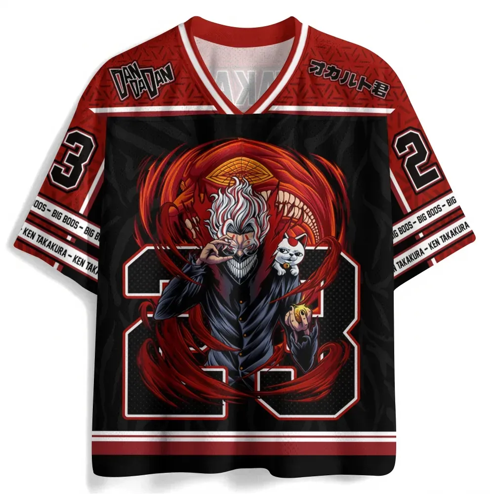 Dandadan Ken Takakura Okarun Football Jersey, Turbo Granny Curse Red and Black Anime V-Neck Jersey Shirt with Number 23, Lucky Cat Tee