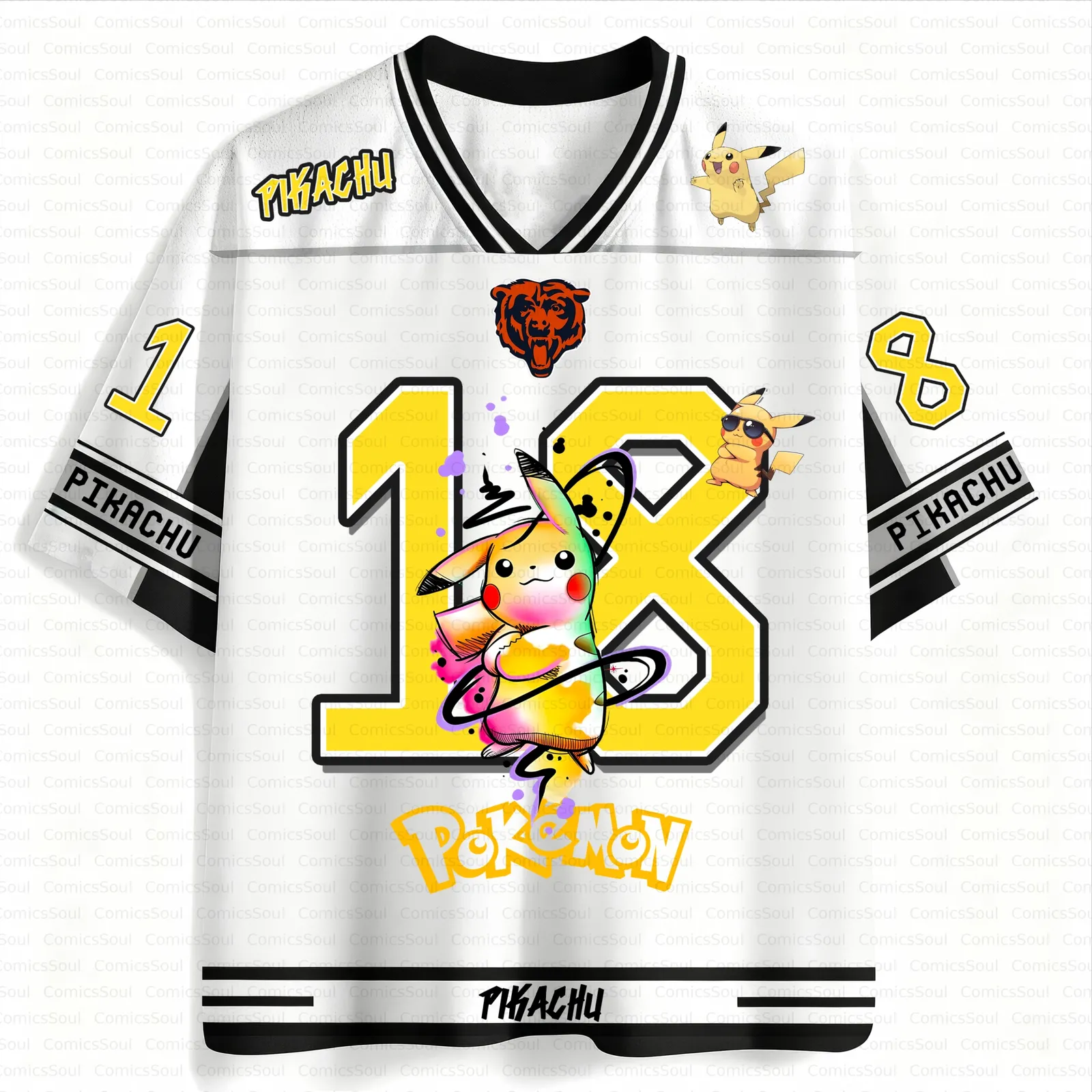 Pokemon Pikachu Football Jersey, Number 18 Graffiti Cyborg Rainbow Heart Anime V-Neck Jersey Shirt, White Yellow Black Sports Tee