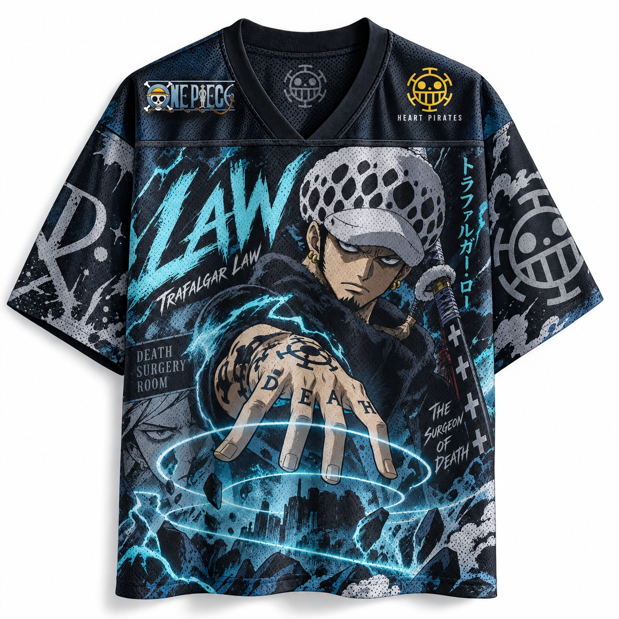 One Piece Trafalgar Law Football Jersey, Heart Pirates Surgeon of Death Anime V-Neck Jersey Shirt, Navy Black Electric Blue Tee for Fans