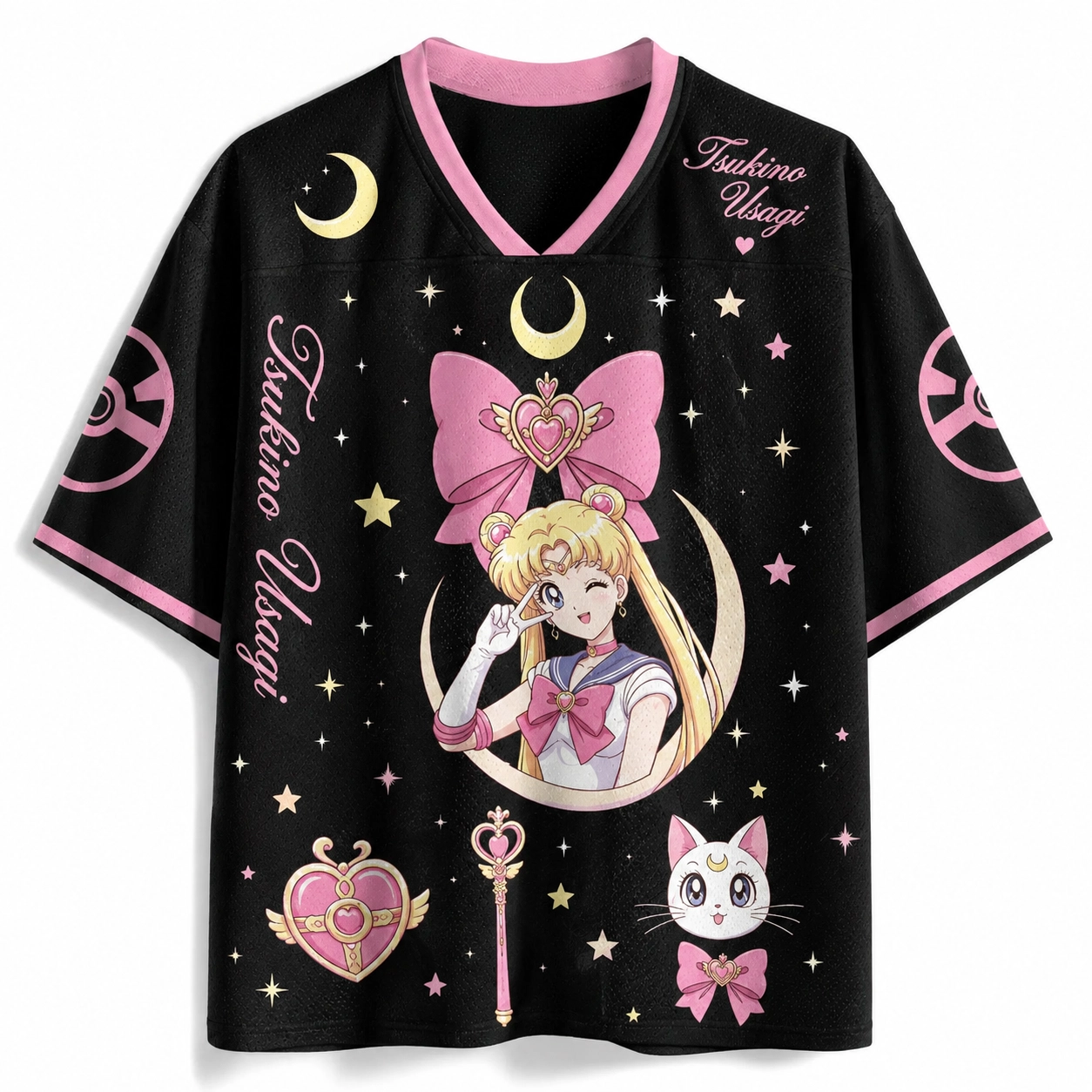 Sailor Moon Tsukino Usagi Football Jersey, Crescent and Artemis Magical Girl Anime V-Neck Jersey Shirt, Black and Pink Sports Tee