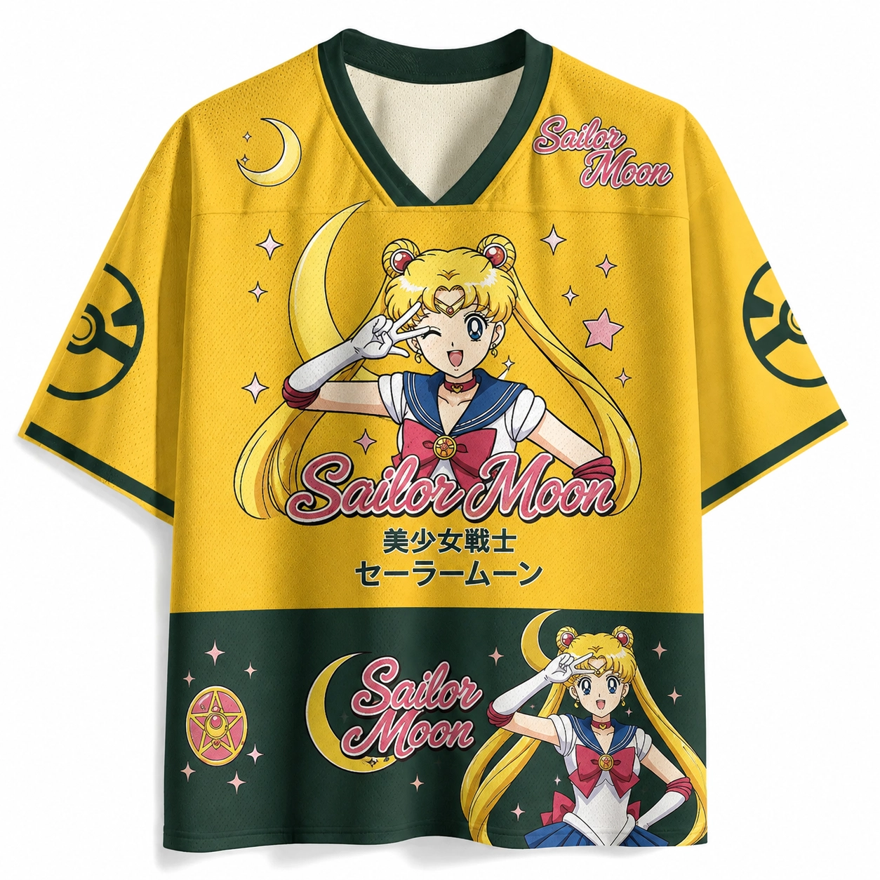 Sailor Moon Usagi Tsukino Football Jersey, Golden Crescent Wink Peace Sign Japanese Title Anime V-Neck Jersey Shirt, Yellow Green Tee