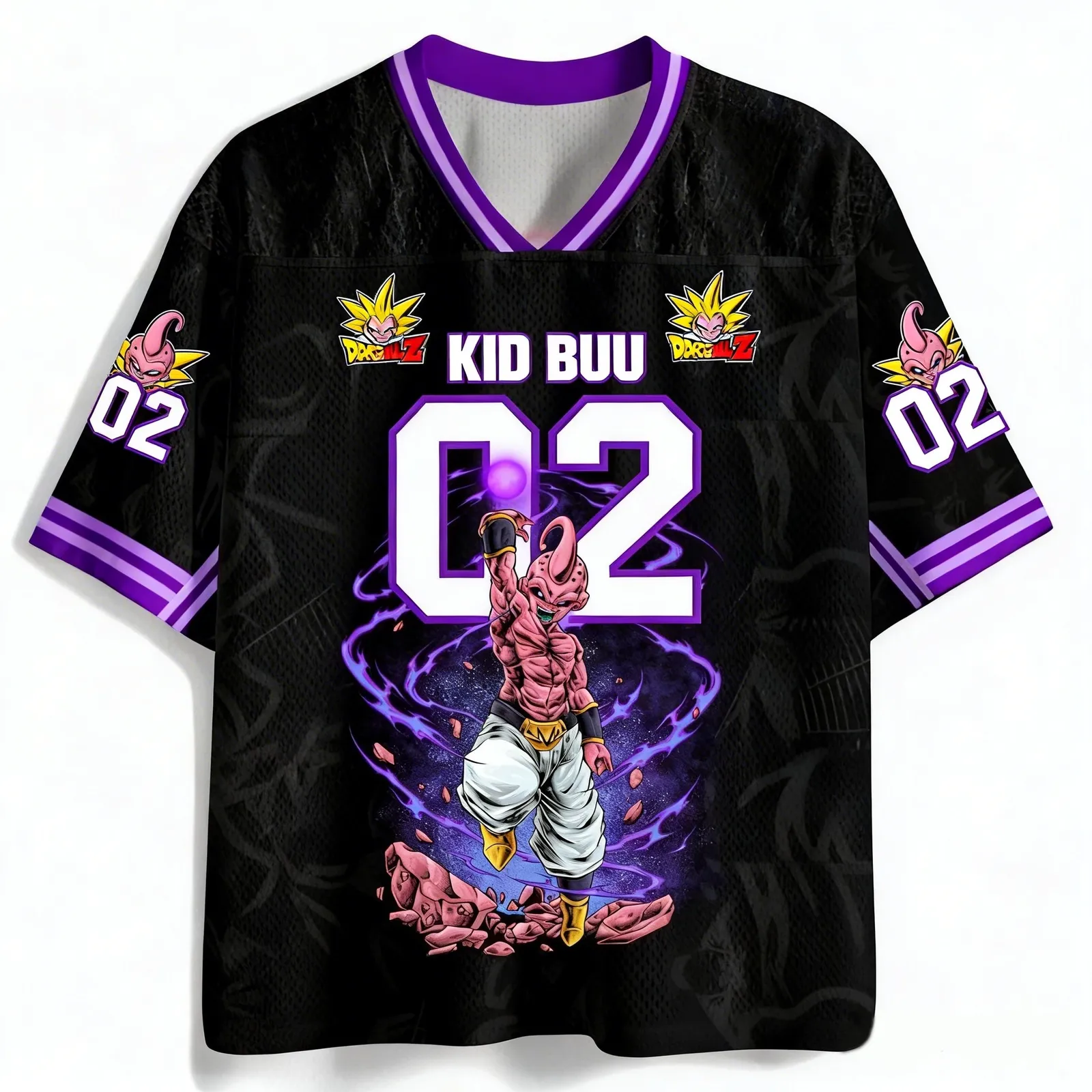 Dragon Ball Z Kid Buu Football Jersey, Majin Villain Number 02 Black and Purple Anime V-Neck Jersey Shirt, Super Saiyan Gotenks Badge Sports Tee