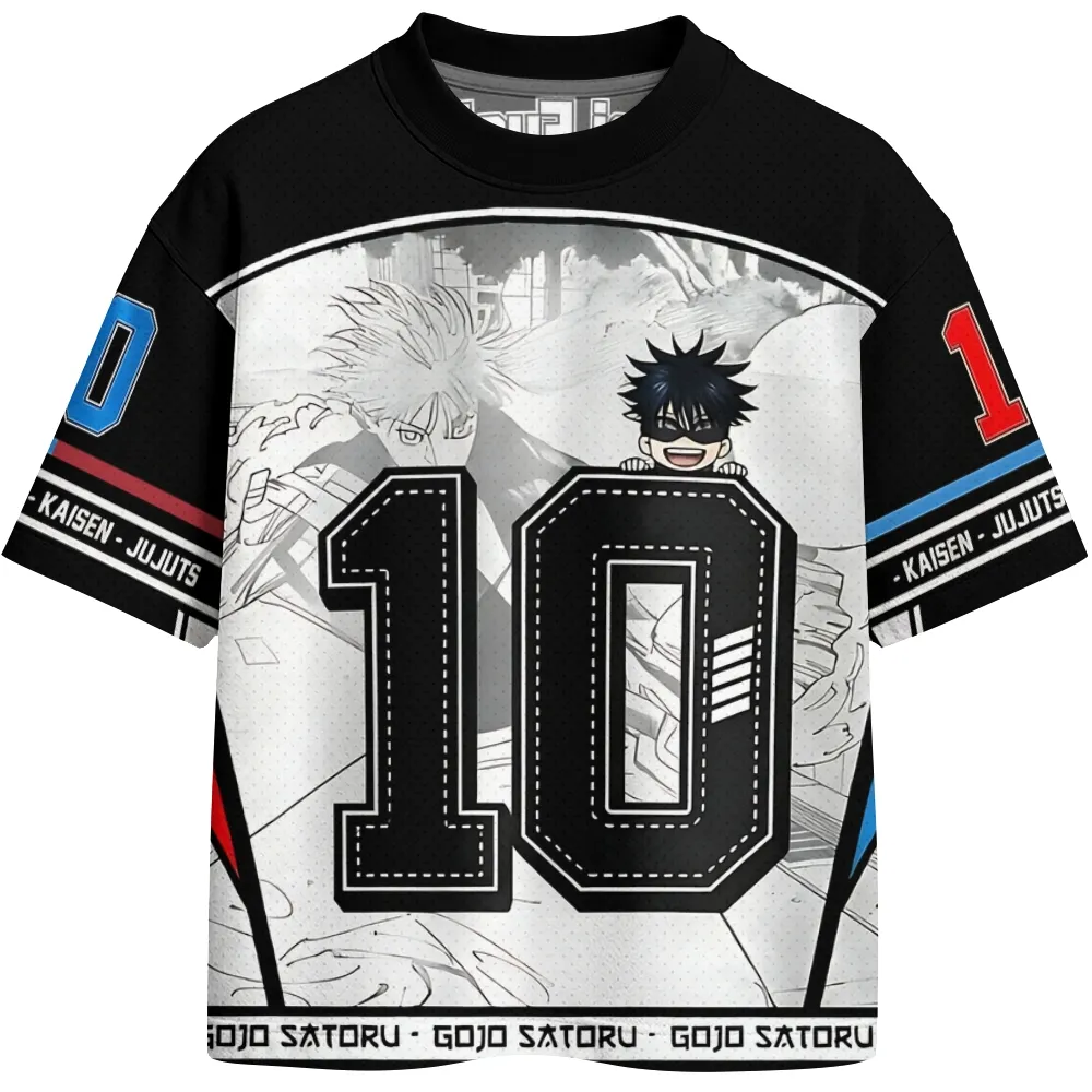 Jujutsu Kaisen Megumi Fushiguro Football Jersey, Black and White Manga Crew Neck Anime Jersey Shirt with Number 10, Satoru Gojo Chibi Tee
