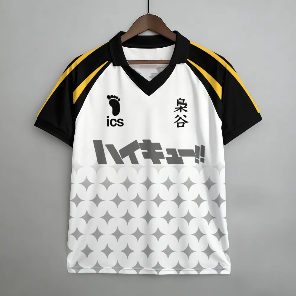 Haikyu Fukurodani Academy Football Jersey, Haikyuu Katakana Logo Kanji Crest Collared V-Neck Soccer Jersey Shirt, White Black Gold Tee