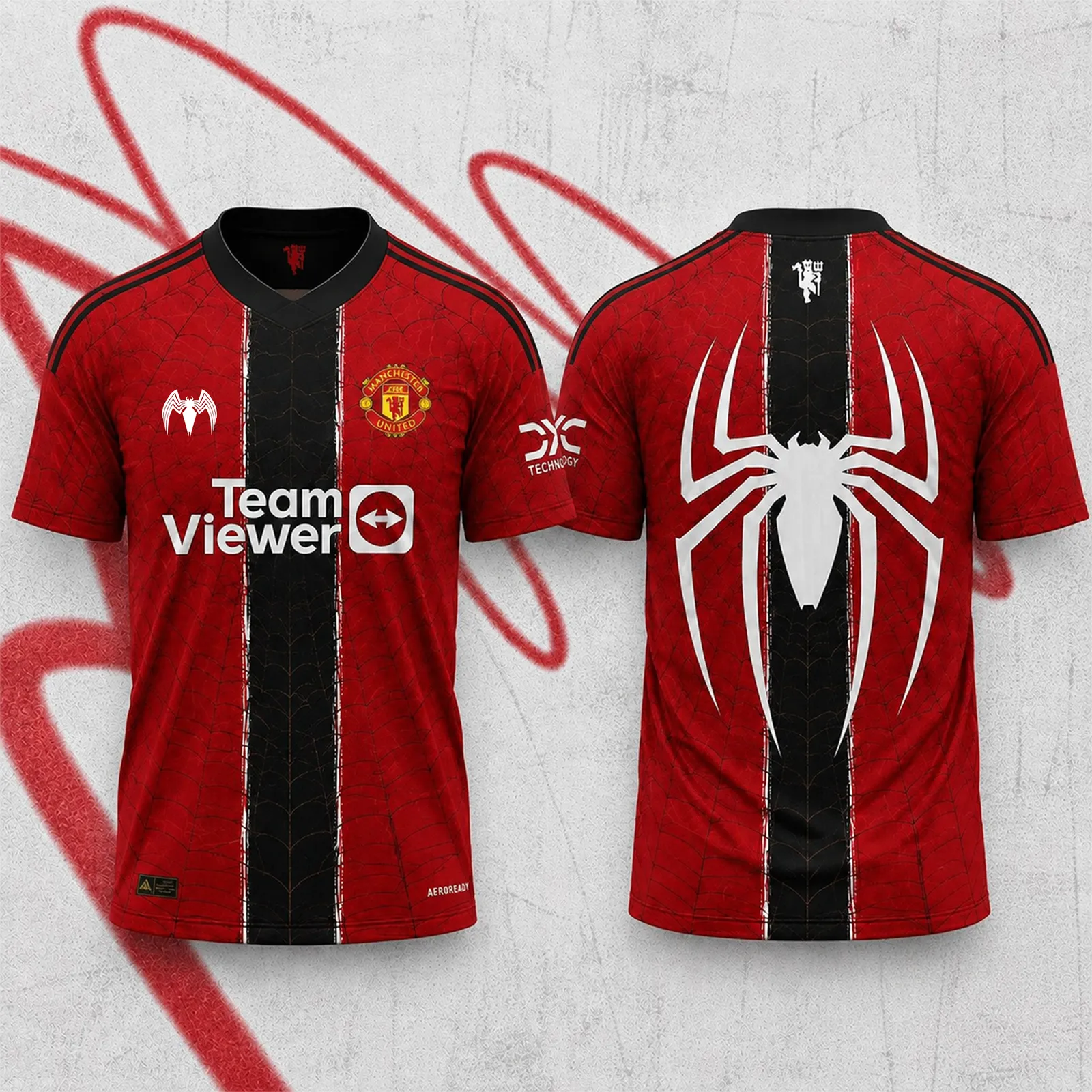Manchester Spider-Man Football Jersey, Red Black Center Stripe Crew Neck Soccer Style Jersey Shirt, Web Texture Superhero Sports Tee