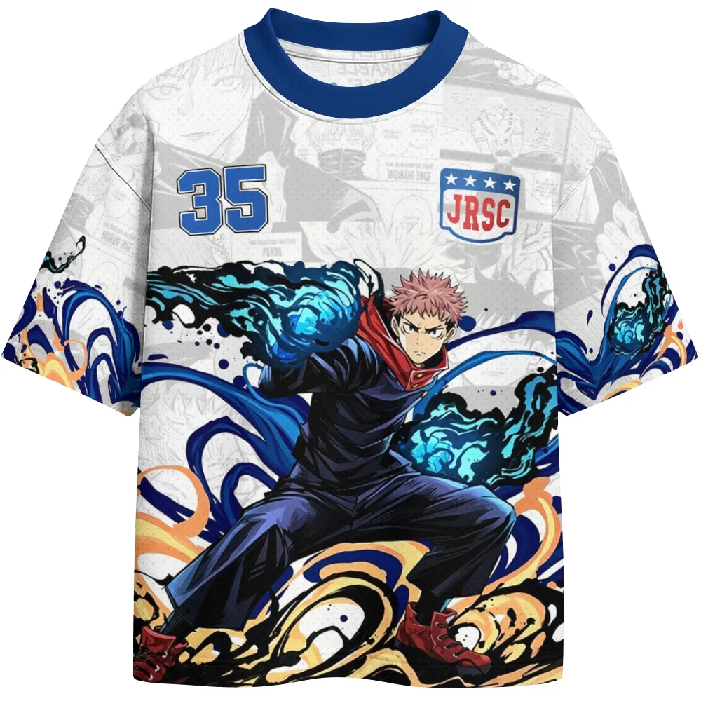 Jujutsu Kaisen Yuji Itadori Ryomen Sukuna Football Jersey, Divergent Fist 35 Anime Crew Neck Jersey Shirt, White Royal Blue and Gold Tee