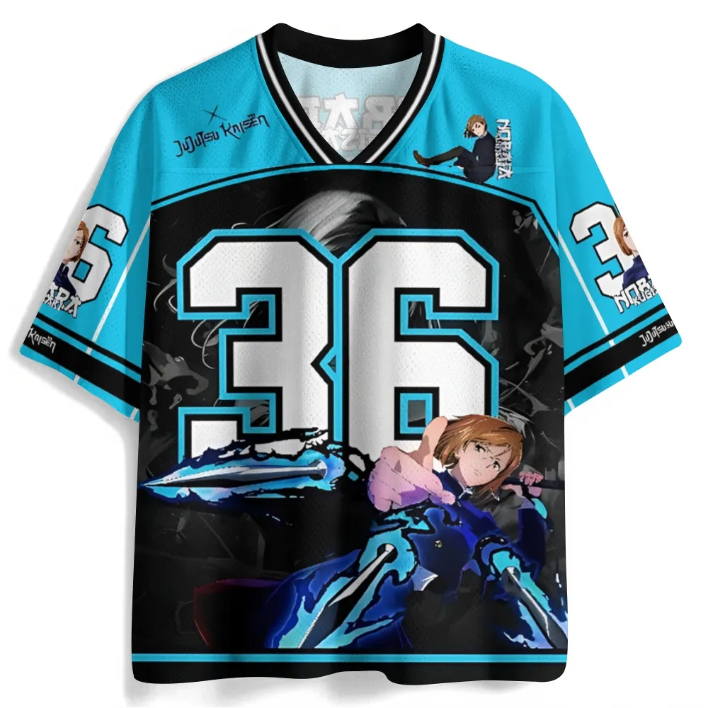 Jujutsu Kaisen Nobara Kugisaki Football Jersey, Number 36 Hammer and Nails Cursed Energy Chibi Anime V-Neck Jersey Shirt, Cyan Black White Tee