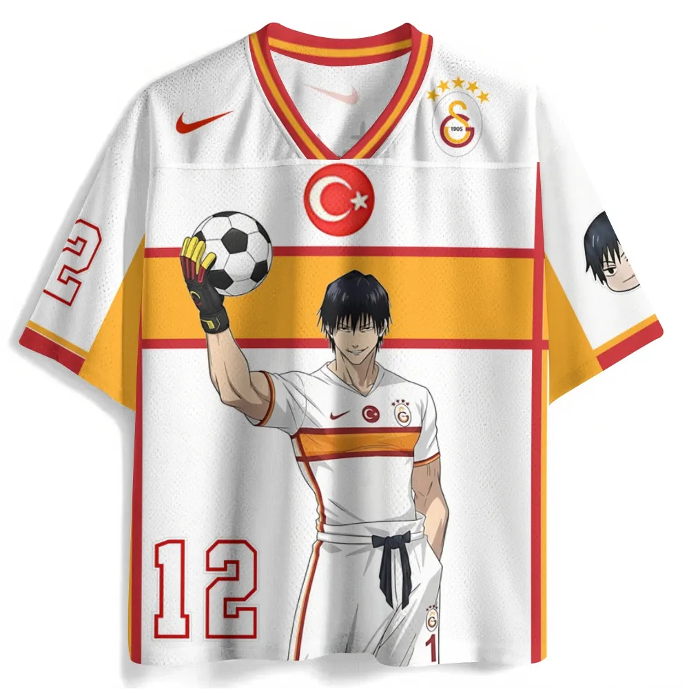 Jujutsu Kaisen Toji Fushiguro Football Jersey, Goalkeeper Number 12 Golden Trophy Anime V-Neck Jersey Shirt, White Red Yellow Soccer Tee