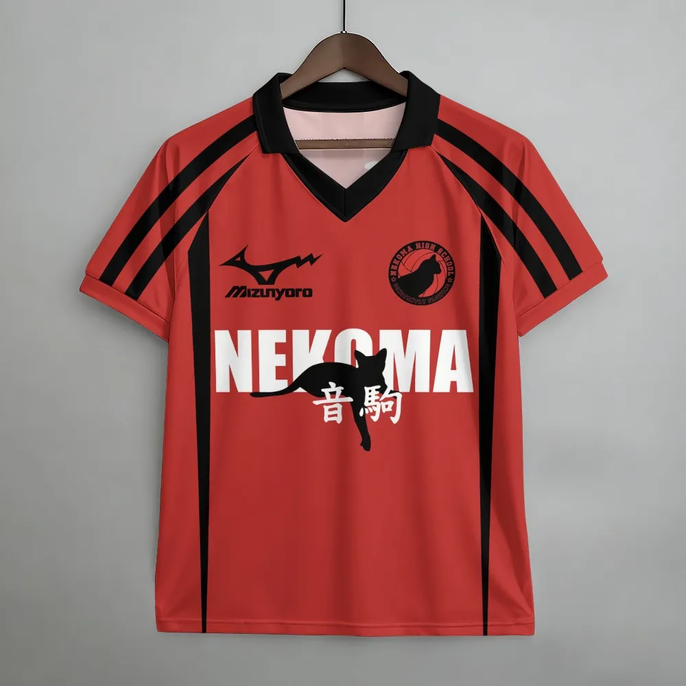 Haikyuu Nekoma High School Football Jersey, Black Cat Volleyball Team Anime Collared V-Neck Jersey Shirt, Red White Retro Tee for Kenma Fans