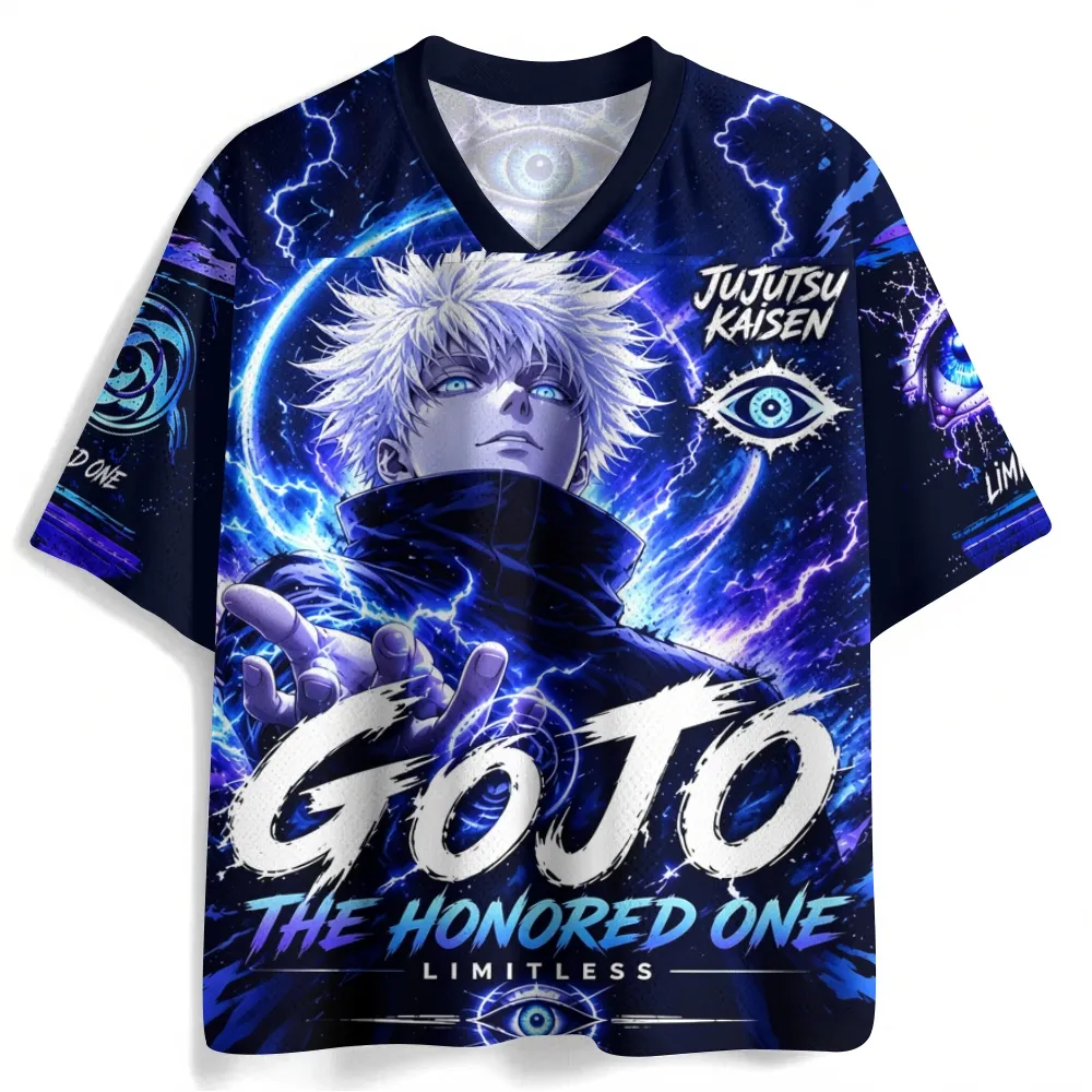 Jujutsu Kaisen Satoru Gojo The Honored One Football Jersey, Limitless Six Eyes Anime V-Neck Jersey Shirt, Navy Electric Blue Purple Tee
