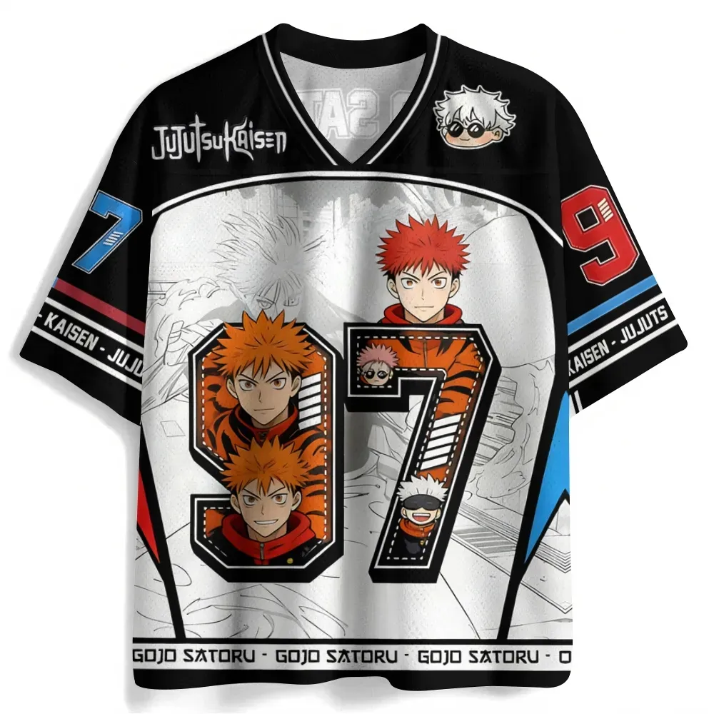Jujutsu Kaisen Yuji Itadori Football Jersey, Gojo Satoru 97 Chibi and Sukuna Anime V-Neck Jersey Shirt, Black White Red and Blue Sports Tee