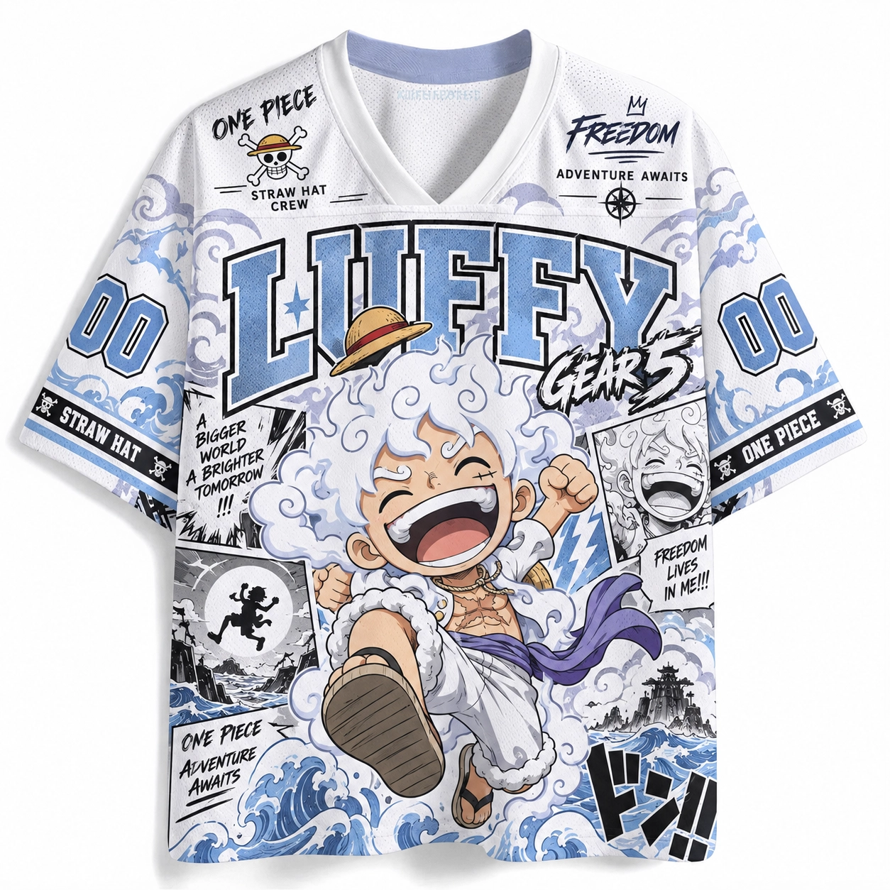 One Piece Luffy Gear 5 Football Jersey, Sun God Nika Straw Hat Crew Anime V-Neck Jersey Shirt, White Sky Blue Number 00 Manga Wave Tee