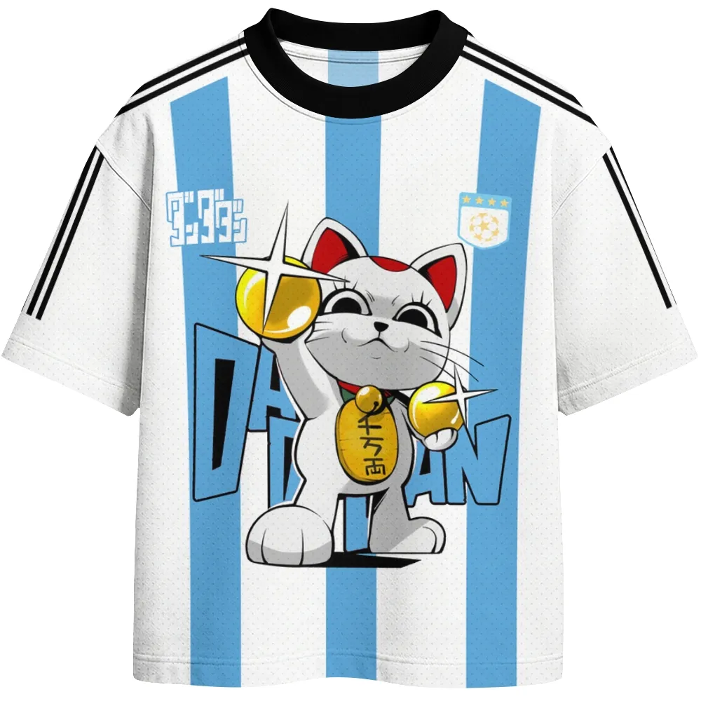 Dandadan Turbo Granny Maneki Neko Football Jersey, Number 08 Lucky Cat Crew Neck Soccer Jersey Shirt, Sky Blue and White Striped Tee