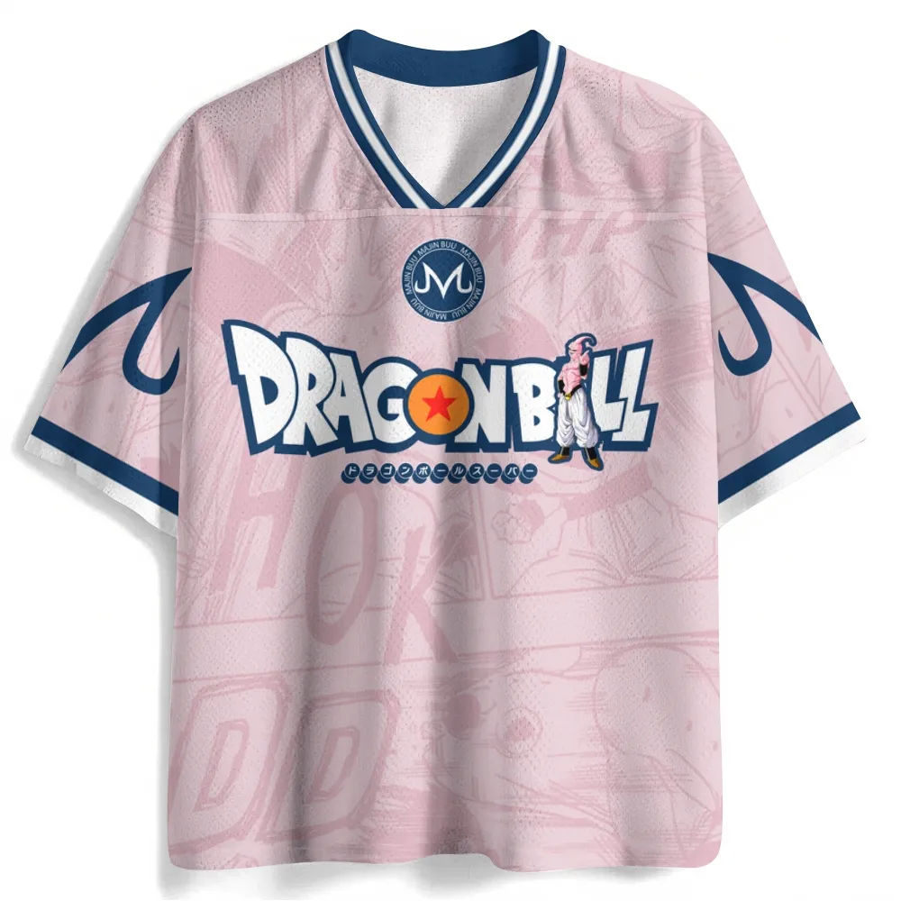 Dragon Ball Majin Buu Football Jersey, Kid Form M Emblem Anime V-Neck Jersey Shirt, Pastel Pink and Navy Sports Tee for DBZ and Manga Fans