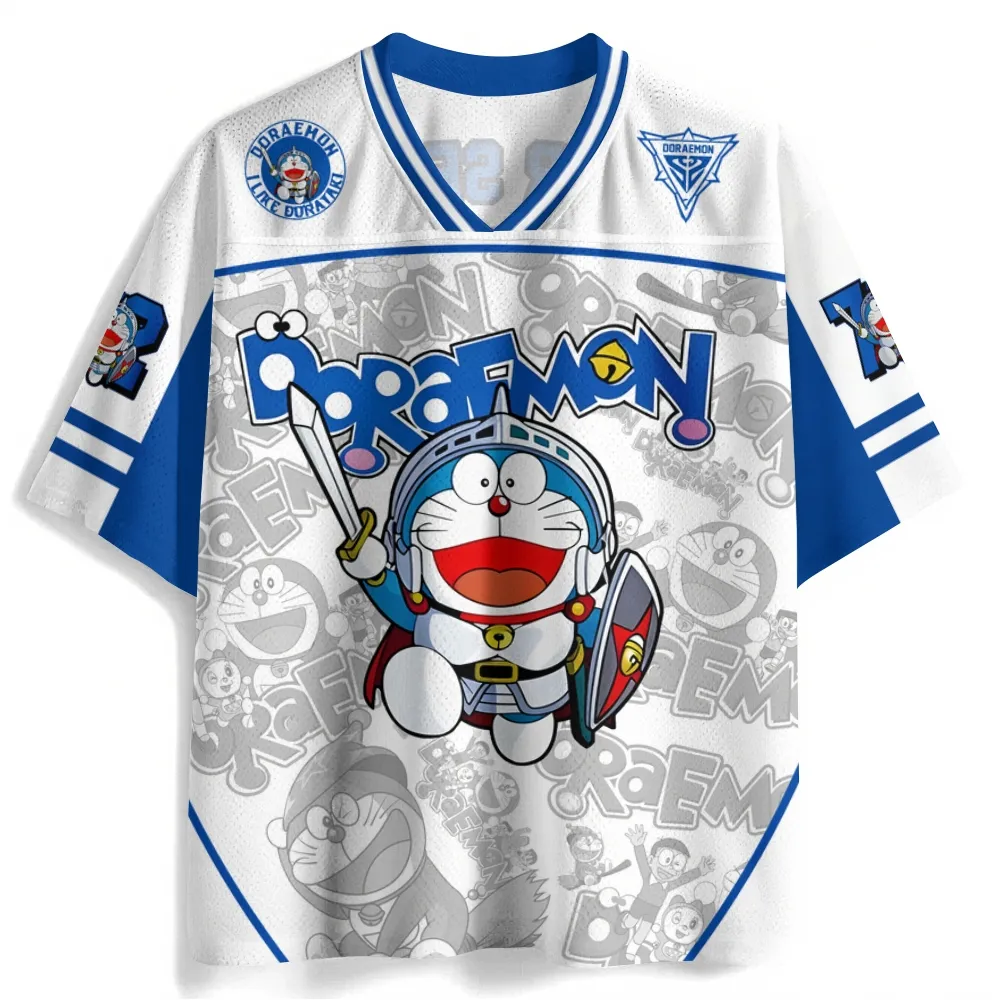 Doraemon Knight Football Jersey, Blue and White Anime V-Neck Jersey Shirt with Number 72, Super Secret Gadget Cat Nobita Collage Tee