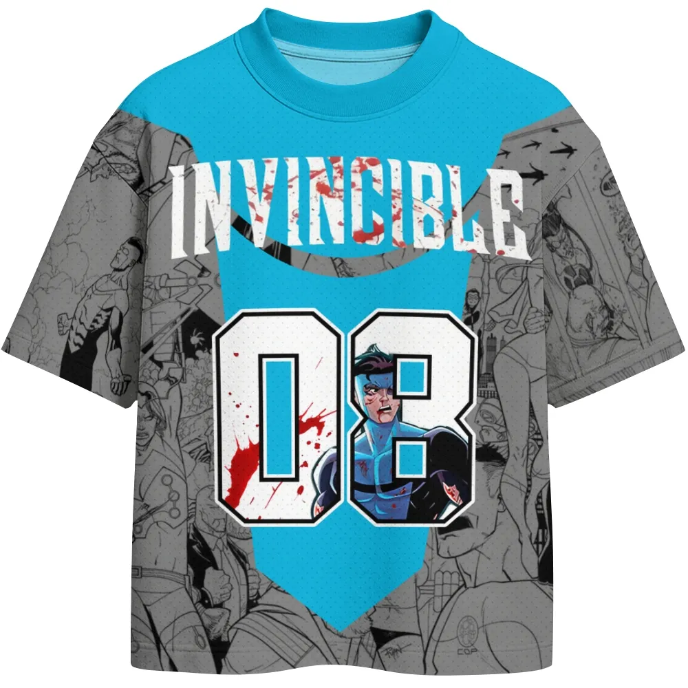 Invincible Mark Grayson Football Jersey, Number 08 Comic Panel Crew Neck Jersey Shirt, Grey Sky Blue White Superhero Tee for Viltrumite Fans