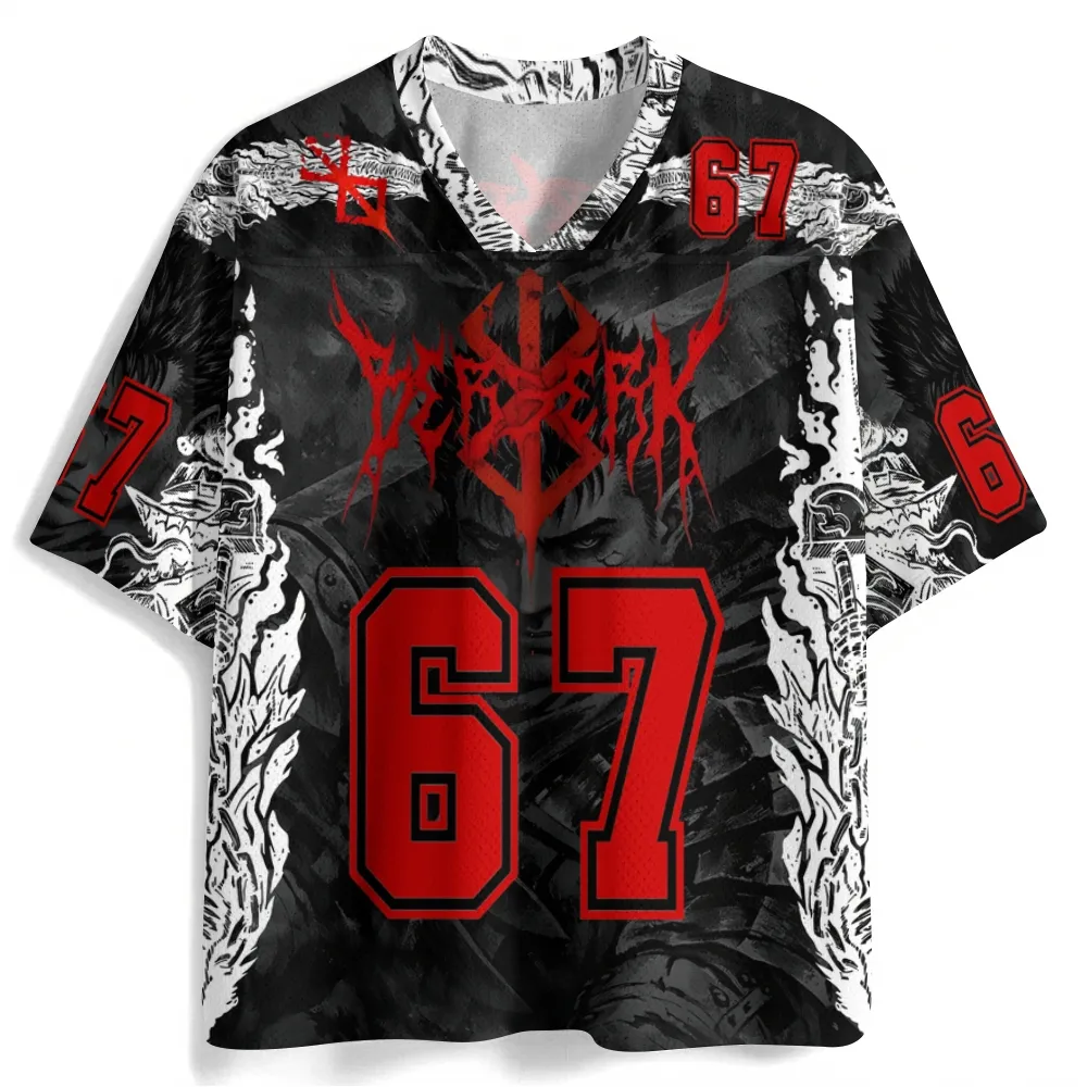 Berserk Guts Brand of Sacrifice Football Jersey, Crimson Metal Logo 67 Dark Fantasy Anime V-Neck Jersey Shirt, Black Red and White Sports Tee