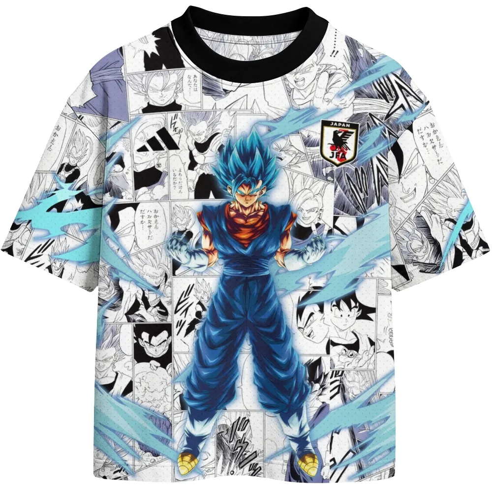 Dragon Ball Vegito Blue Son Goku Football Jersey, Japan Style Number 10 Crew Neck Soccer Jersey Shirt, White Manga Panel Sports Tee
