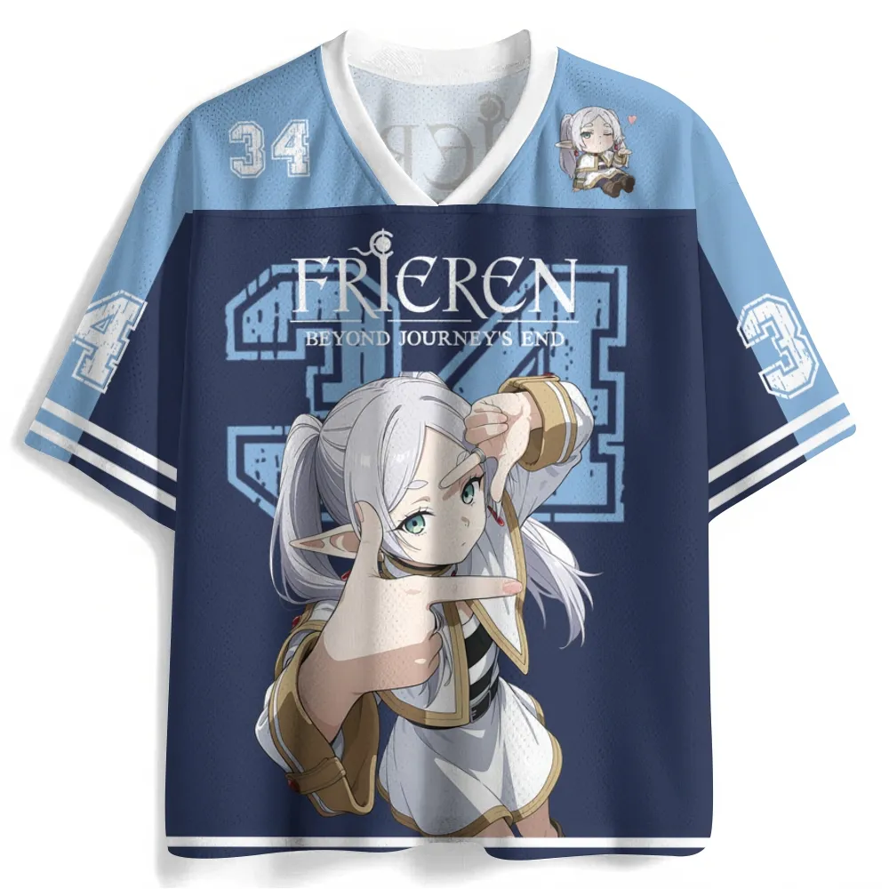 Frieren Beyond Journey's End Football Jersey, Elf Mage Number 34 Navy and Sky Blue Anime V-Neck Jersey Shirt, Sousou no Frieren Sports Tee