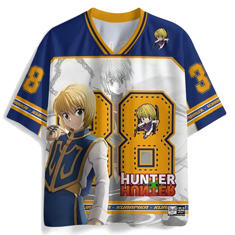 Hunter x Hunter Kurapika Football Jersey, Kurta Clan Chain User Anime V-Neck Jersey Shirt, Royal Blue Gold White Number 38 Tee for Fans