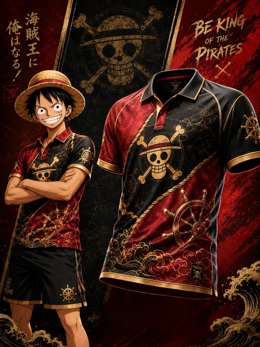 One Piece Luffy Straw Hat Jolly Roger Football Jersey, Pirate King Anime Collared Jersey Shirt, Black Red Gold Ship Wheel Tee for Fans