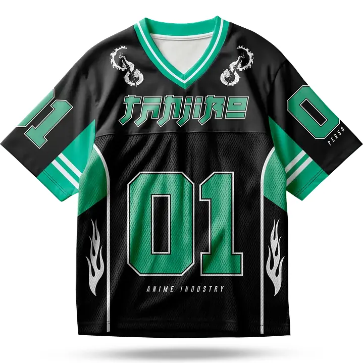 Demon Slayer Tanjiro Kamado Football Jersey, Number 01 Anime V-Neck Jersey Shirt, Black Green White Flame Mesh Tee for Kimetsu Fans