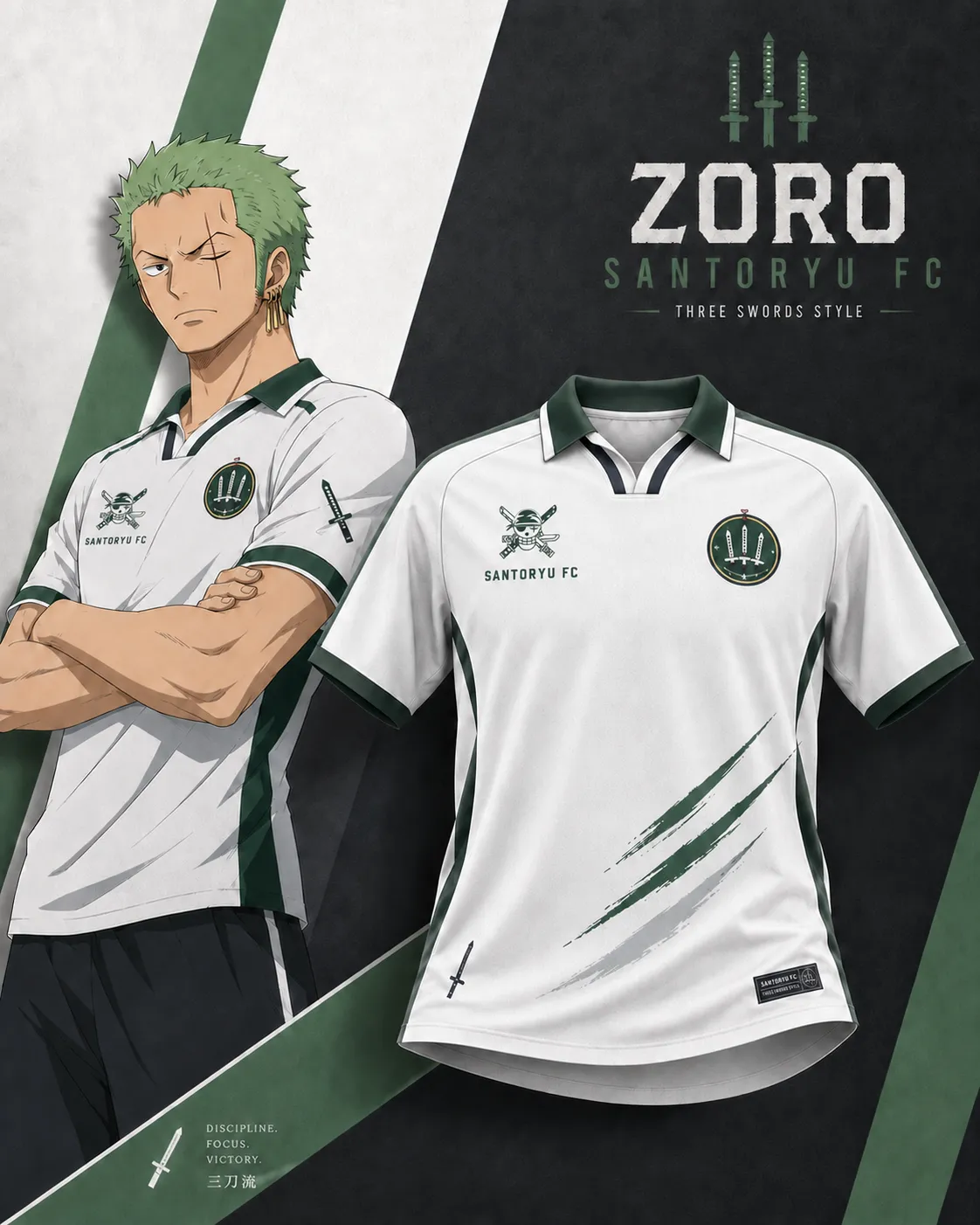 One Piece Roronoa Zoro Santoryu FC Football Jersey, Pirate Hunter Straw Hat Claw Mark Anime Collared Jersey Shirt, White Dark Green Soccer Tee