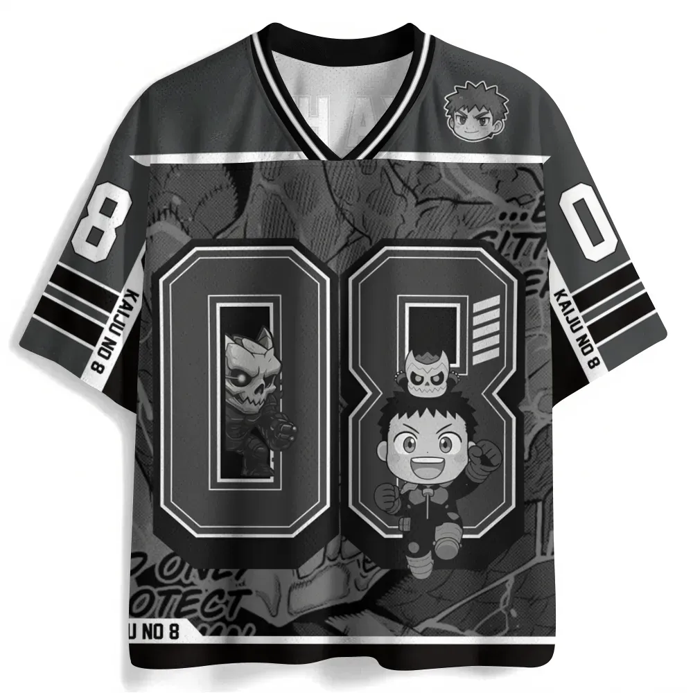 Kaiju No. 8 Kafka Hibino Football Jersey, Charcoal Grey and White Anime V-Neck Jersey Shirt with Number 08, Chibi Monster Form Fan Tee