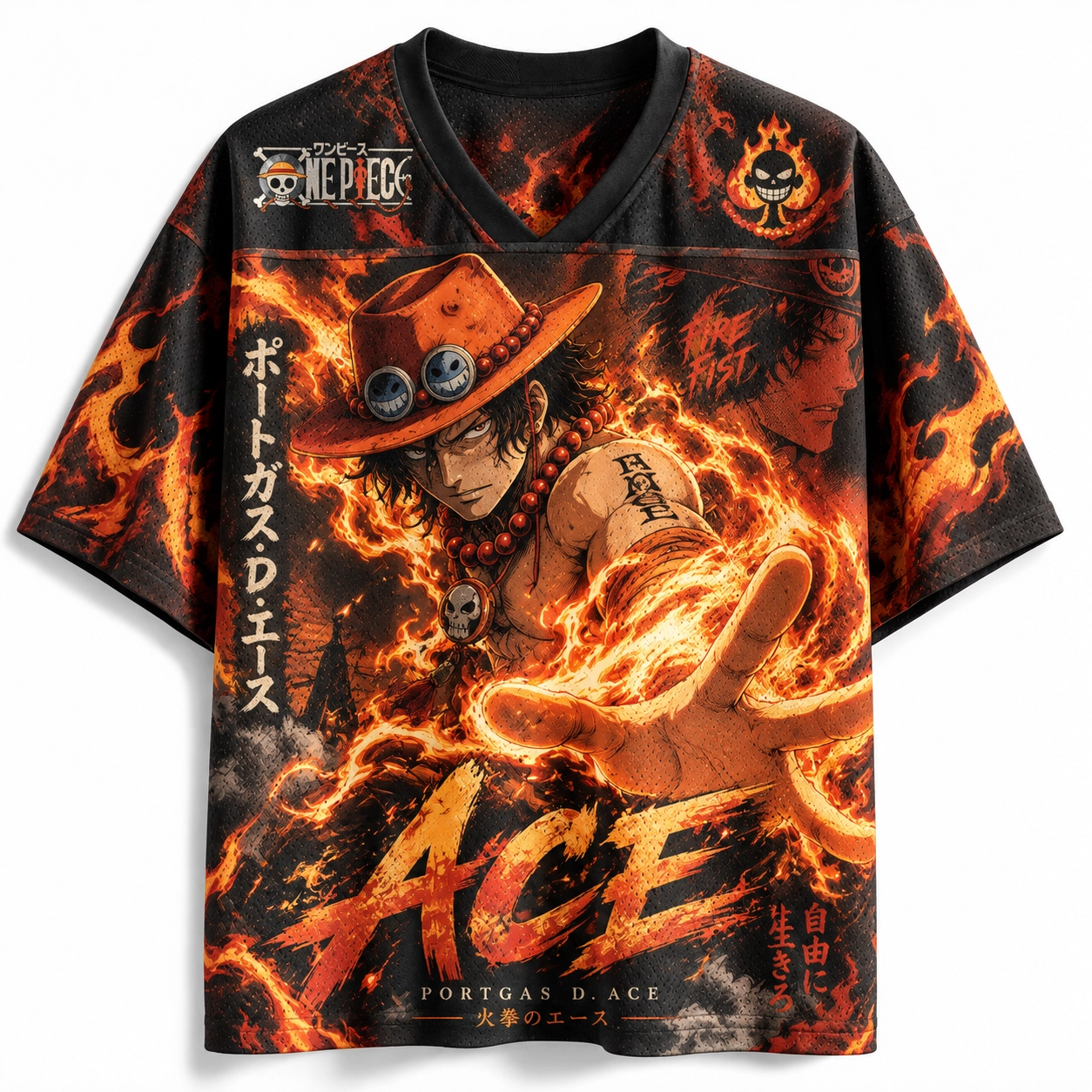 One Piece Portgas D Ace Football Jersey, Fire Fist Ace Whitebeard Pirates Anime V-Neck Jersey Shirt, Black and Flame Orange Sports Tee
