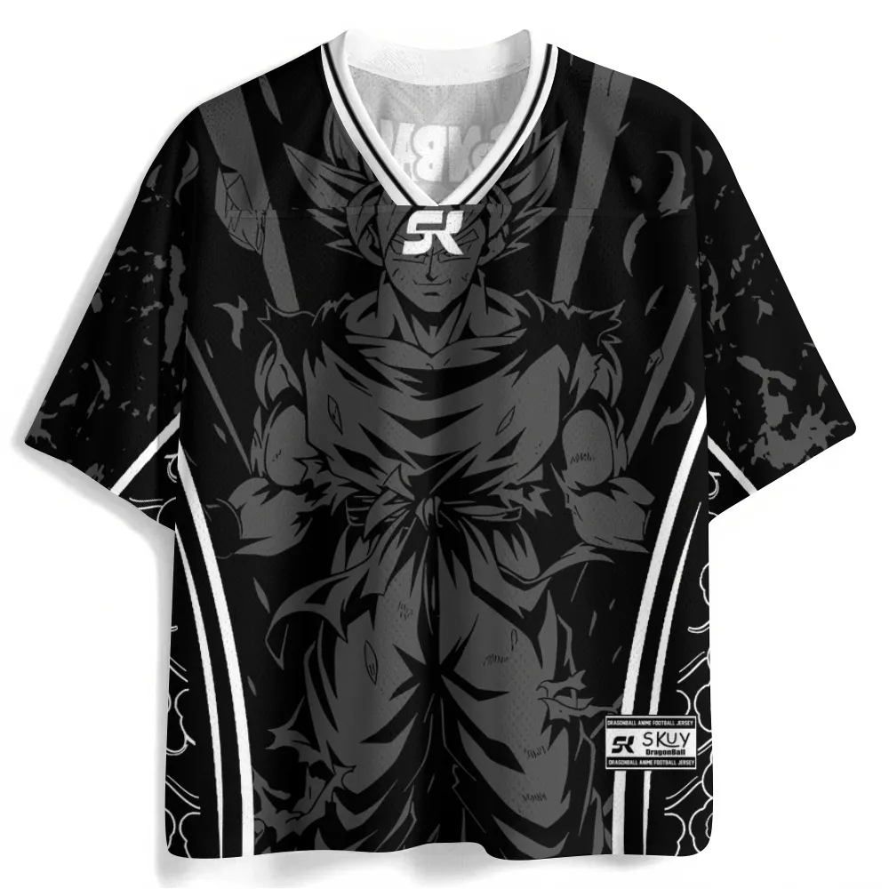 Dragon Ball Z Super Saiyan Goku Shadow Football Jersey, Monochrome Power Up V-Neck Jersey Shirt, Black and Grey Sports Tee for DBZ Fans