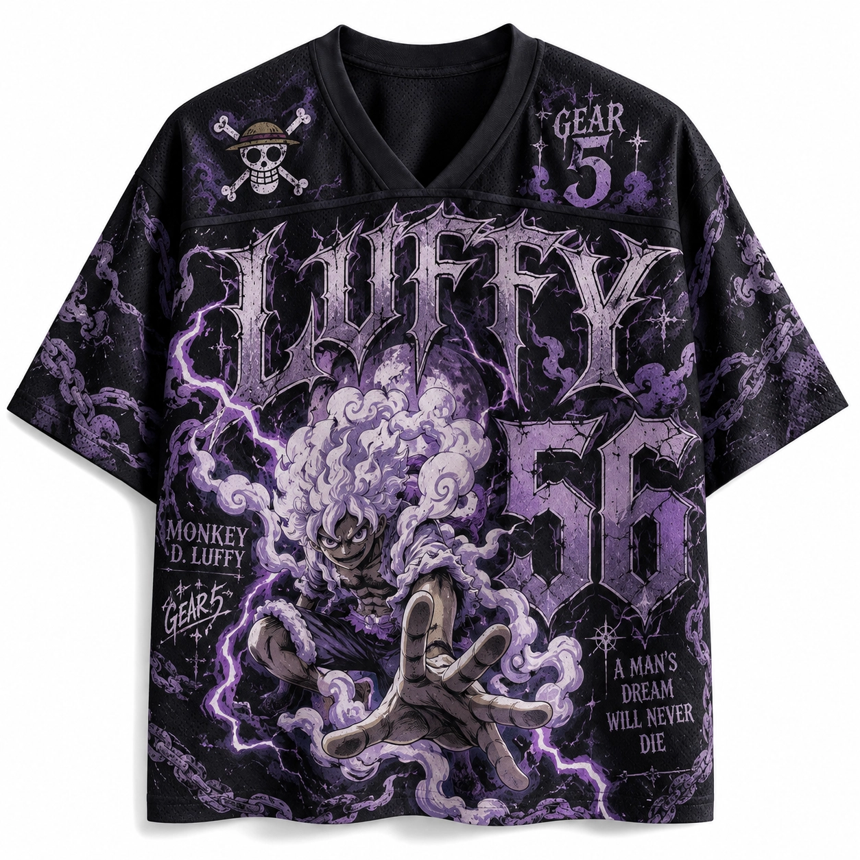 One Piece Monkey D Luffy Gear 5 Football Jersey, Sun God Nika Straw Hat Anime V-Neck Jersey Shirt, Black Purple Gothic Number 56 Tee
