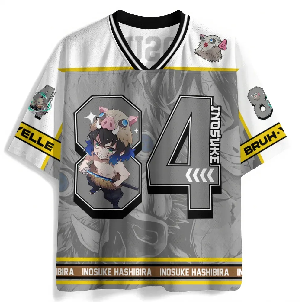 Demon Slayer Inosuke Hashibira Football Jersey, Boar Mask Number 84 Chibi Beast Breathing Anime V-Neck Jersey Shirt, Grey White Yellow Tee
