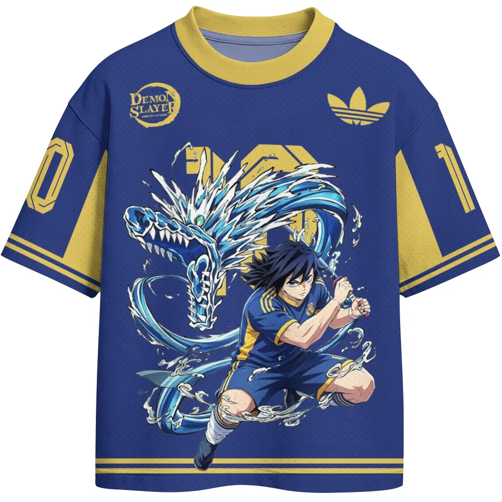 Demon Slayer Giyu Tomioka Football Jersey, Water Hashira Dragon Number 10 Crew Neck Anime Jersey Shirt, Royal Blue Gold Tee for Fans