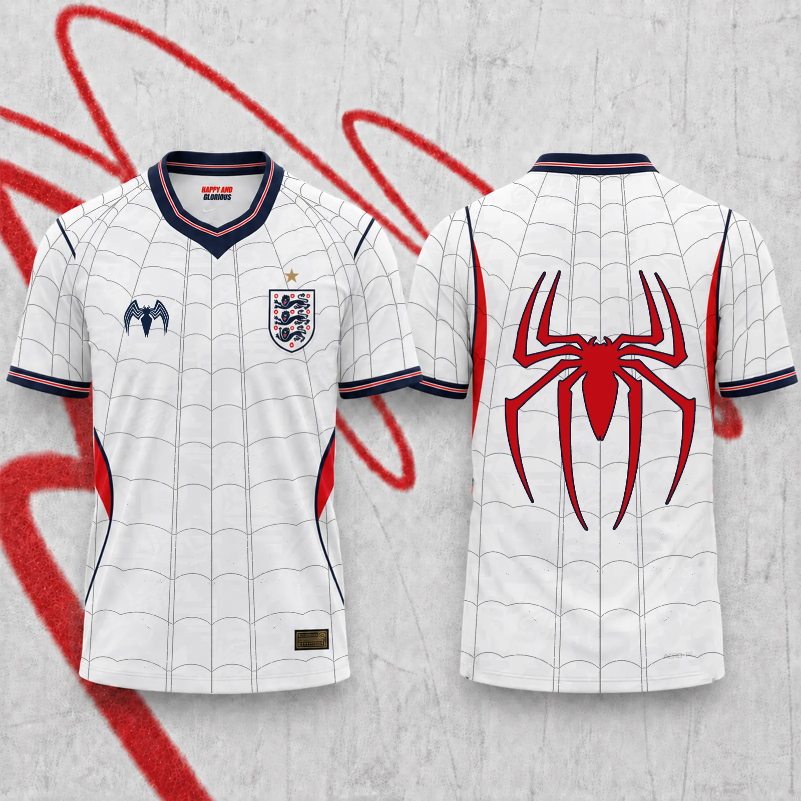 England Three Lions Spider-Man Football Jersey, White Web Pattern Crew Neck Soccer Shirt, Red Arachnid Back Print Marvel Superhero Fan Kit