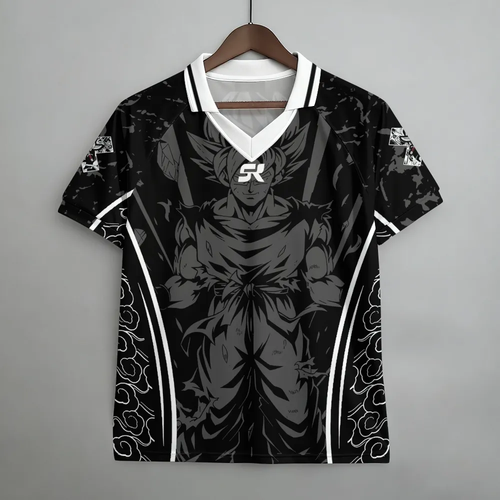 Dragon Ball Son Goku Football Jersey, Super Saiyan Shadow Art Anime Collared V-Neck Jersey Shirt, Black Grey White Cloud Sports Tee