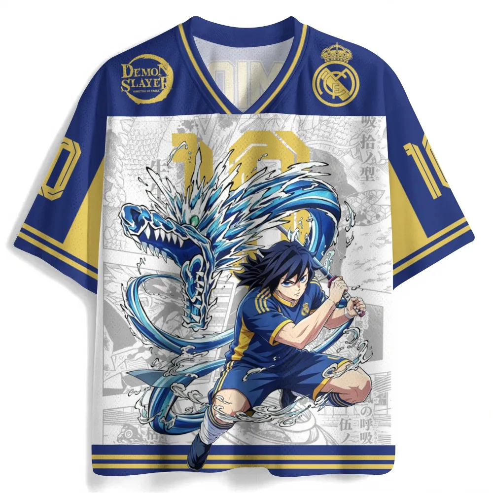 Demon Slayer Giyu Tomioka Football Jersey, Water Hashira Number 10 Royal Blue White and Gold Anime V-Neck Jersey Shirt, Dragon Kimetsu Tee