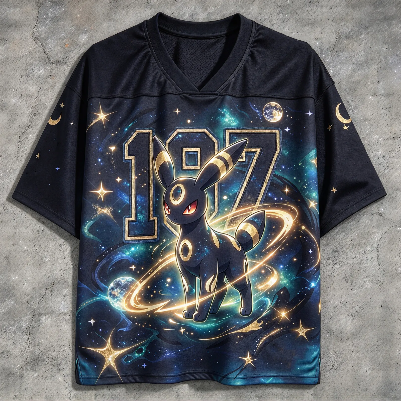 Pokemon Umbreon Football Jersey, Moonlight Number 197 Navy and Gold Galaxy Anime V-Neck Jersey Shirt, Cosmic Eeveelution Dark Type Sports Tee